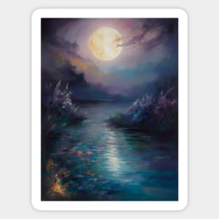 Moonlit Lake Surrounded by Blooming Trees and Mountain Sticker